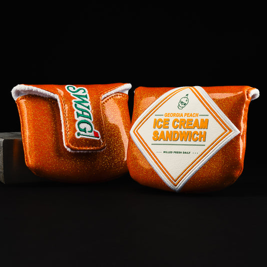 Peach Ice Cream Sandwich in sparkle vinyl orange with green putter mallet golf club headcover made in the USA.