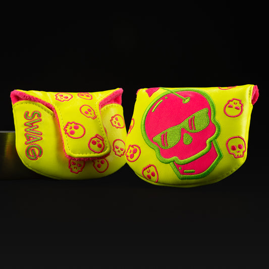 Swagenta Skull Augusta with neon yellow and magenta skull with lime green stitching boss mallet putter golf club headcover made in the US.