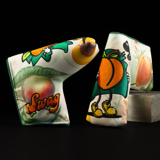 Peachy Flasher white with images of peaches on base with green and yellow putter blade headcover made in the US.