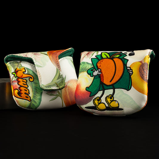 Peachy Flasher white with images of peaches on base with green and yellow putter mallet headcover made in the US.