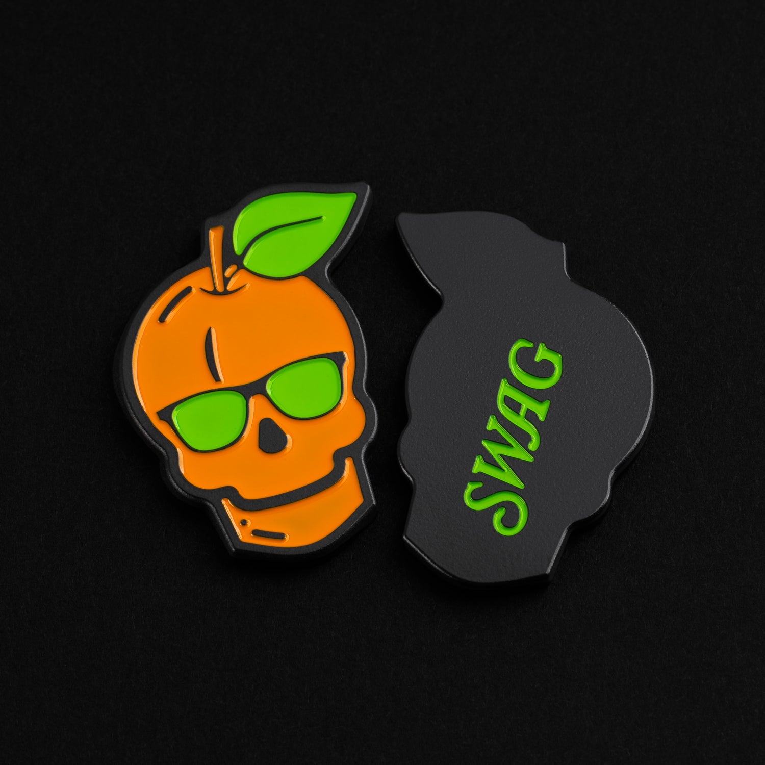Swag Peach Skull stainless steel black PVD golf ball marker accessory.