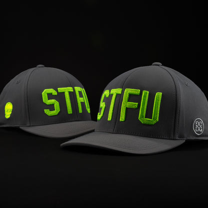 G/Fore Poly Neon Green STFU hat in grey with green writing. Made in the USA.