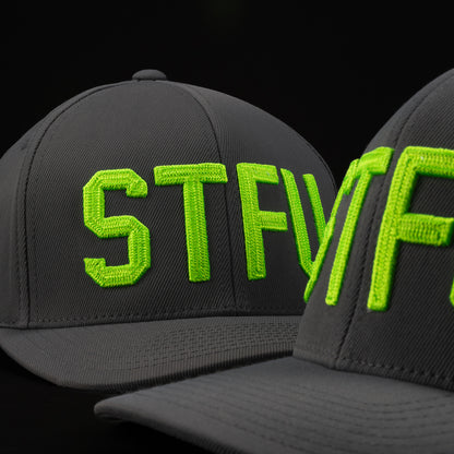 G/Fore Poly Neon Green STFU hat in grey with green writing. Made in the USA.