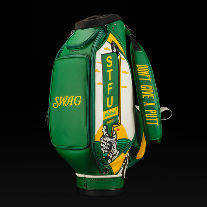 Swag x Vessel STFU Forest Green Tour Staff Bag in green, yellow and white golf bag made in the USA.