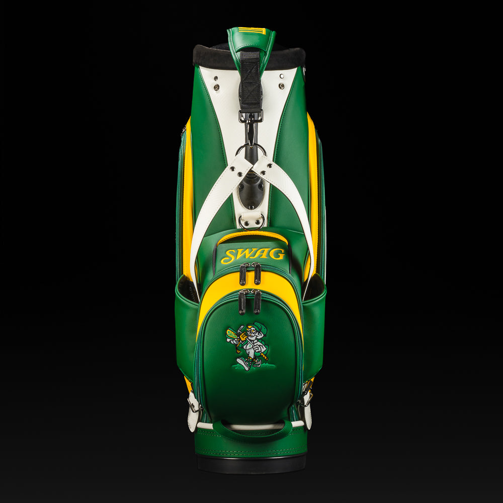 Swag x Vessel STFU Forest Green Tour Staff Bag in green, yellow and white golf bag made in the USA.