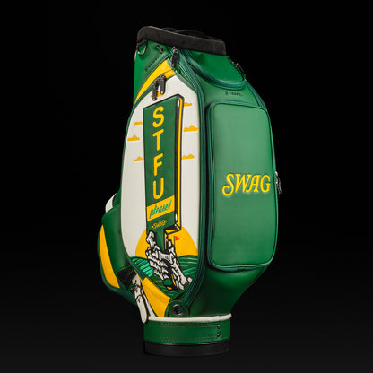 Swag x Vessel STFU Forest Green Tour Staff Bag in green, yellow and white golf bag made in the USA.