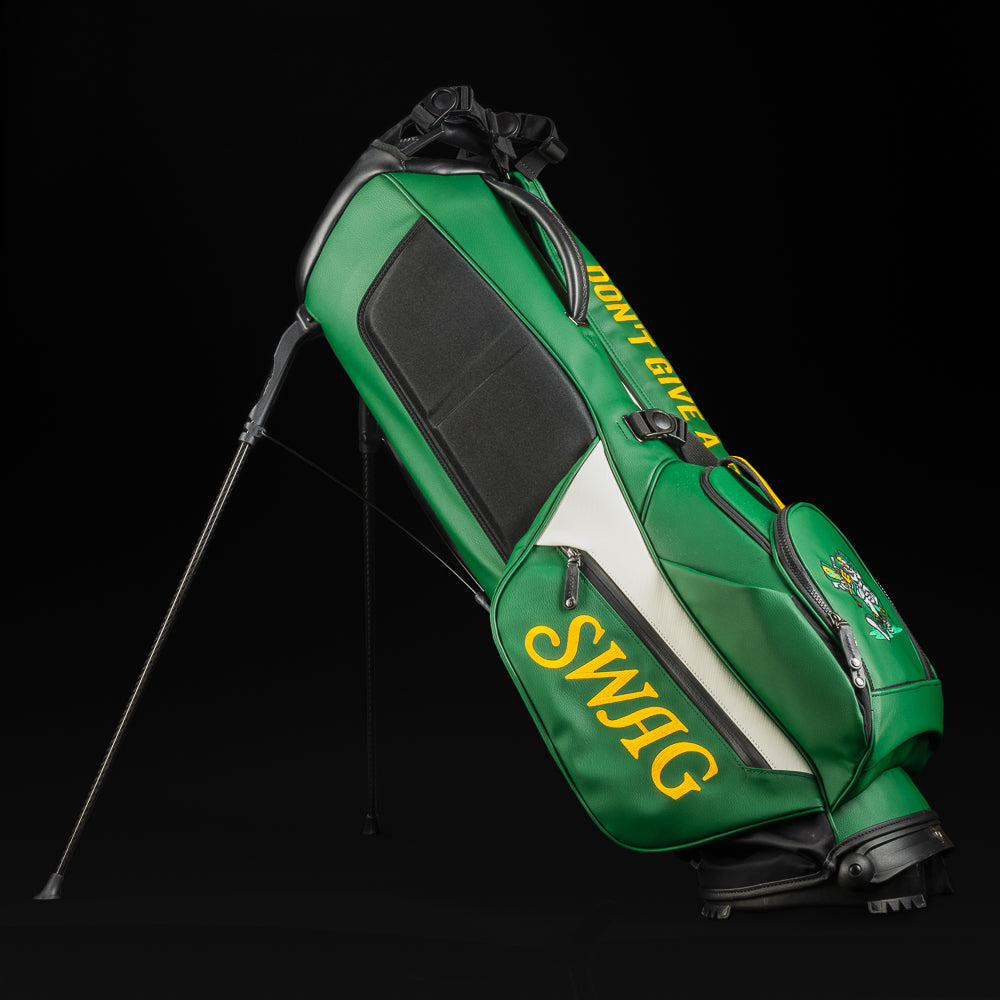 Swag x Vessel STFU forest green stand golf bag with yellow and white.