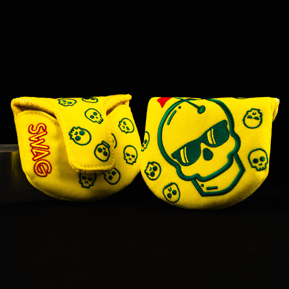 Augusta Skull in yellow with green skull boss mallet golf club head cover made in the USA.