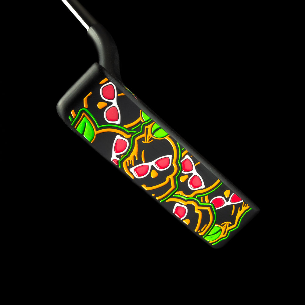 Stacked juicy peach Suave Too black peach themed golf putter made in the USA.