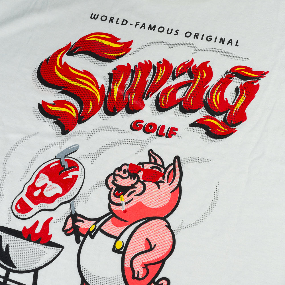 Swag in red and yellow smoke and close up of the pink pig grilling t-shirt.