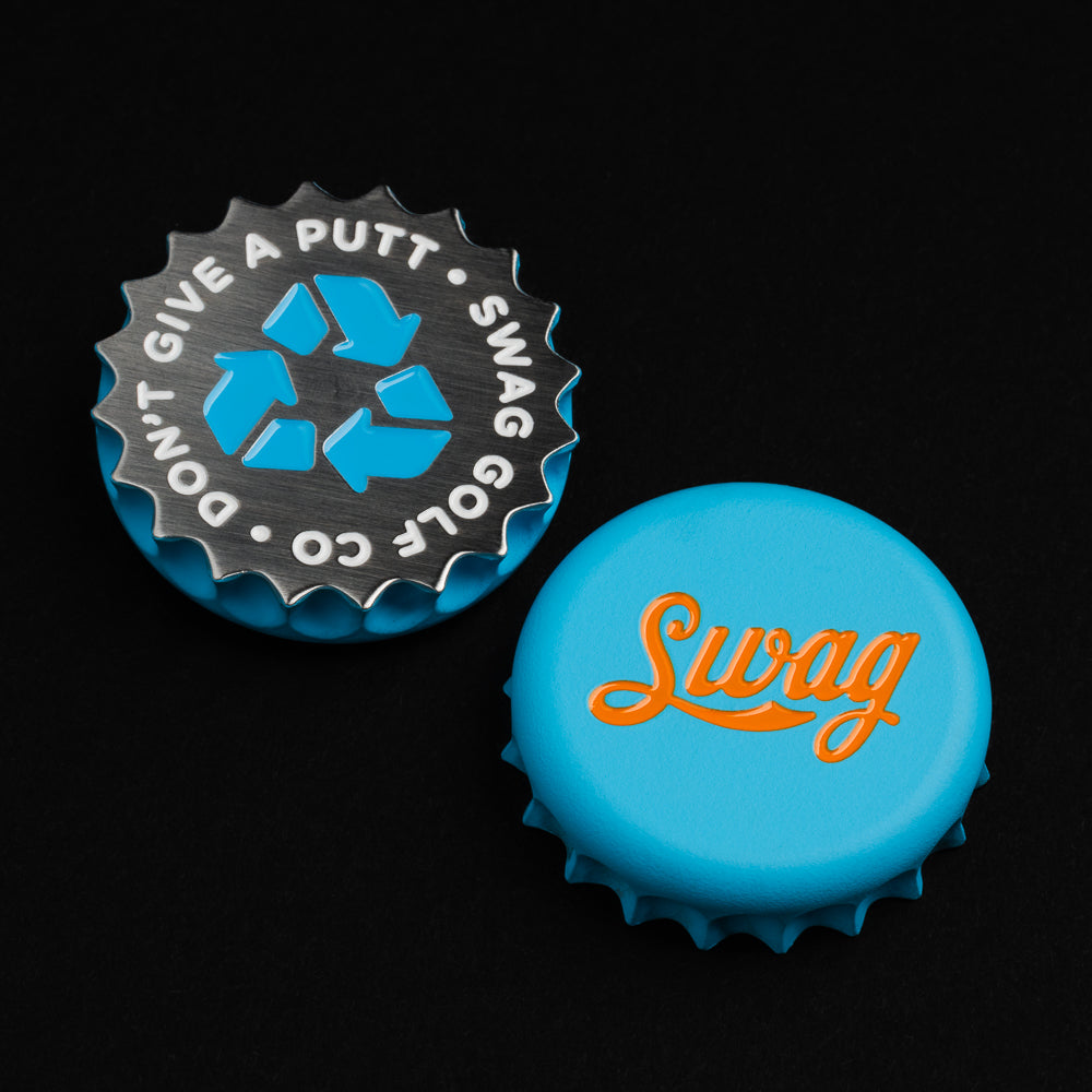 Swag blue bottle cap themed golf ball marker accessory.