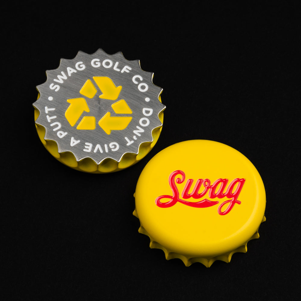 Swag yellow bottle cap themed golf ball marker accessory.