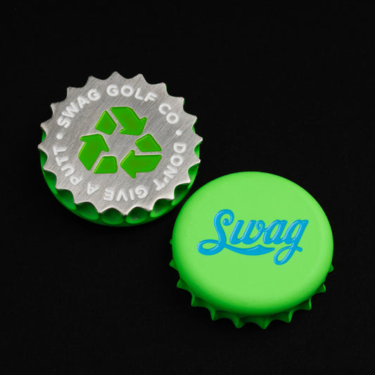 Swag green bottle cap themed golf ball marker accessory.