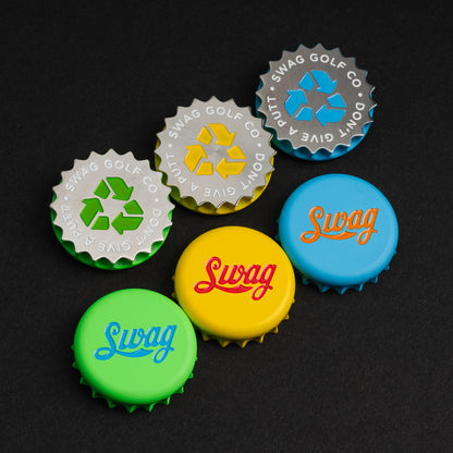 Swag bottle cap themed golf ball marker accessory.