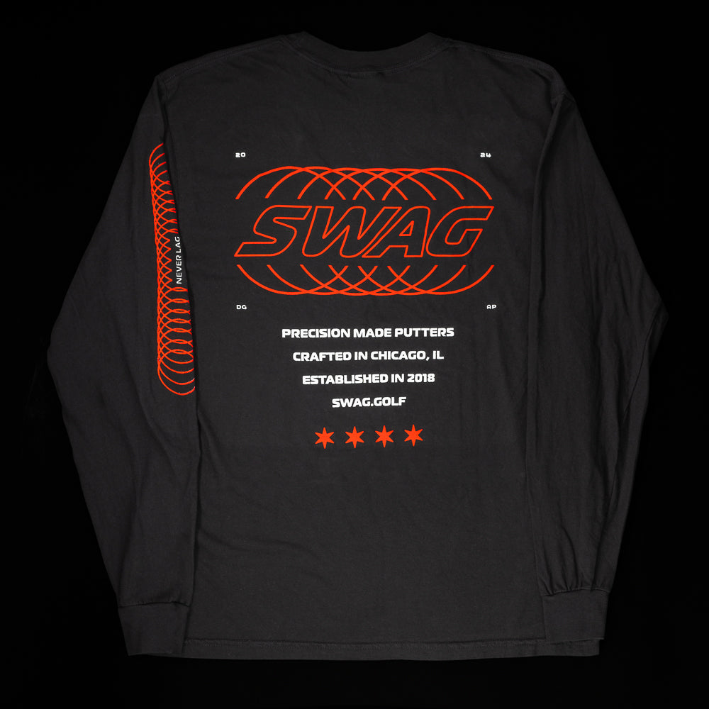 SWAG Golf men's black long sleeve red precision made graphic t-shirt.