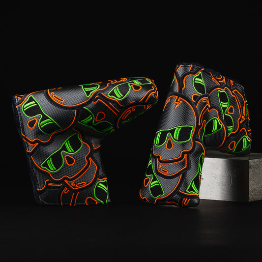 Stacked skulls 2.0 black, green and orange blade putter gold head cover made in the USA.