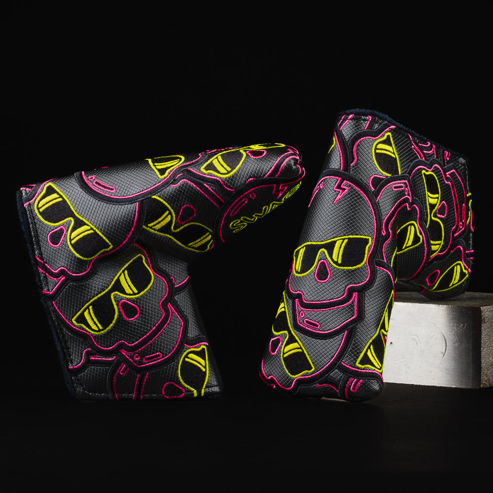 Stacked skulls 2.0 black, yellow and pink blade putter golf head cover made in the USA.