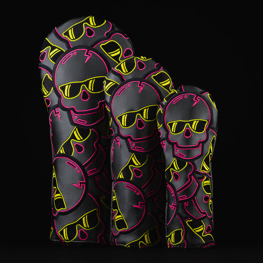 Stacked skulls 2.0 black, yellow and pink golf wood head cover set made in the USA.