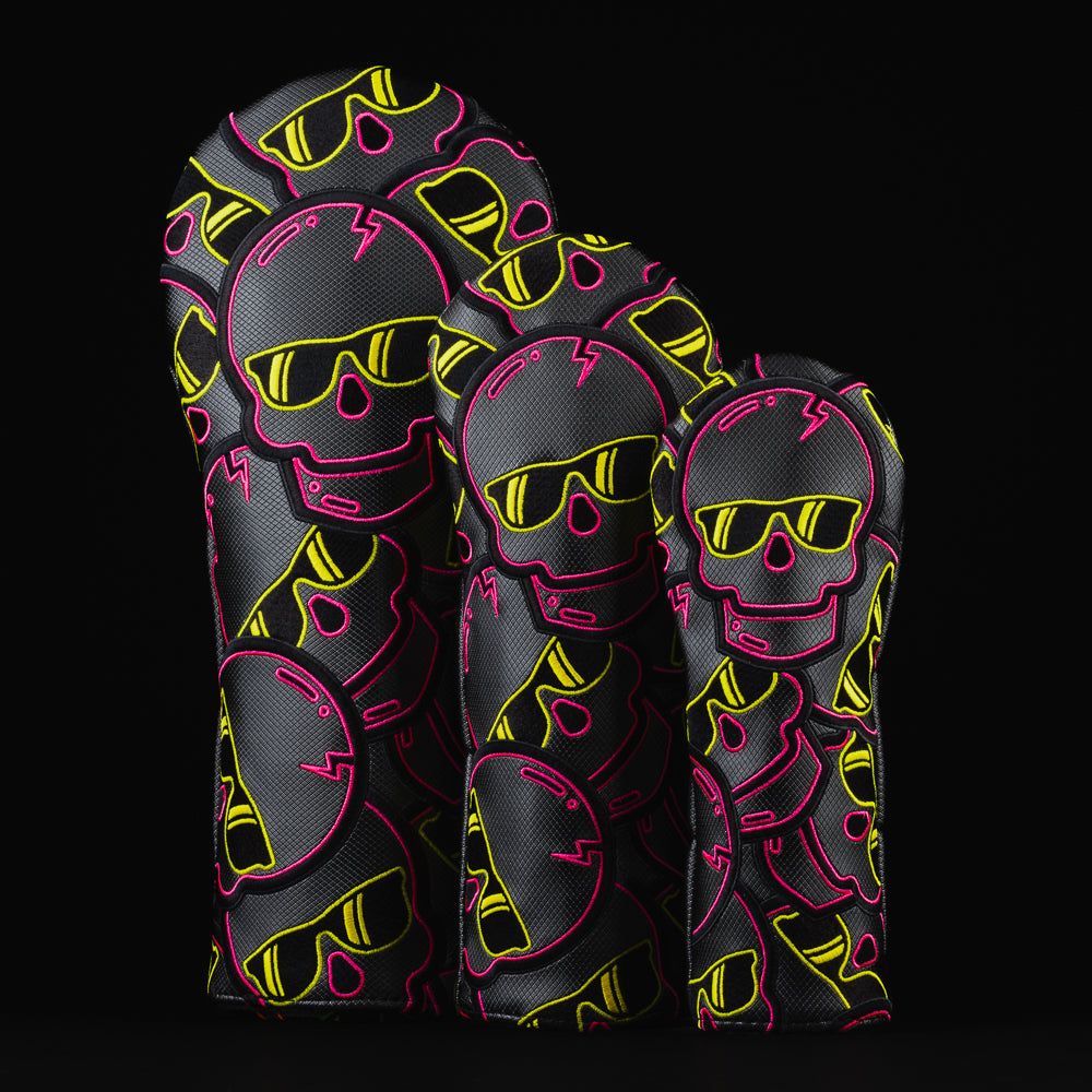 Stacked skulls 2.0 black, yellow and pink golf wood head cover set made in the USA.