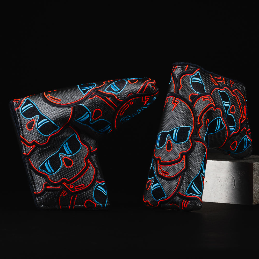 Stacked skulls 2.0 black, blue and red blade putter golf head cover made in the USA.