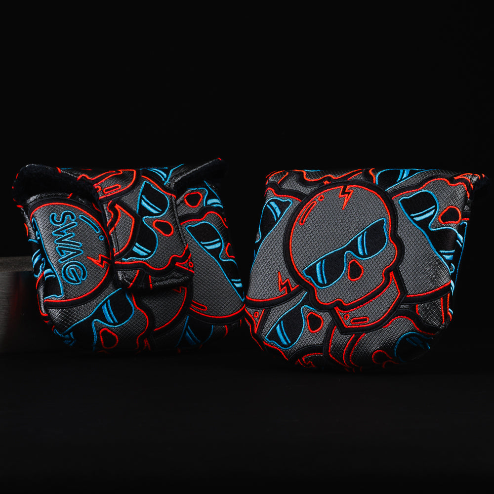 Stacked skulls 2.0 black, blue and red mallet putter golf head cover made in the USA.