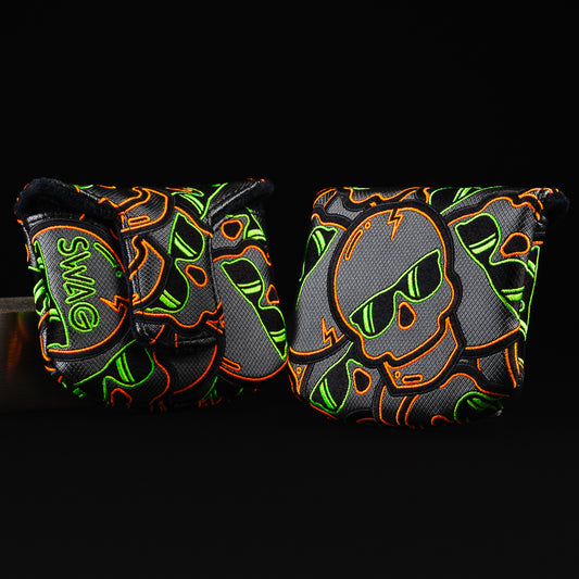 Stacked skulls 2.0 black, green and orange mallet putter golf head cover made in the USA.