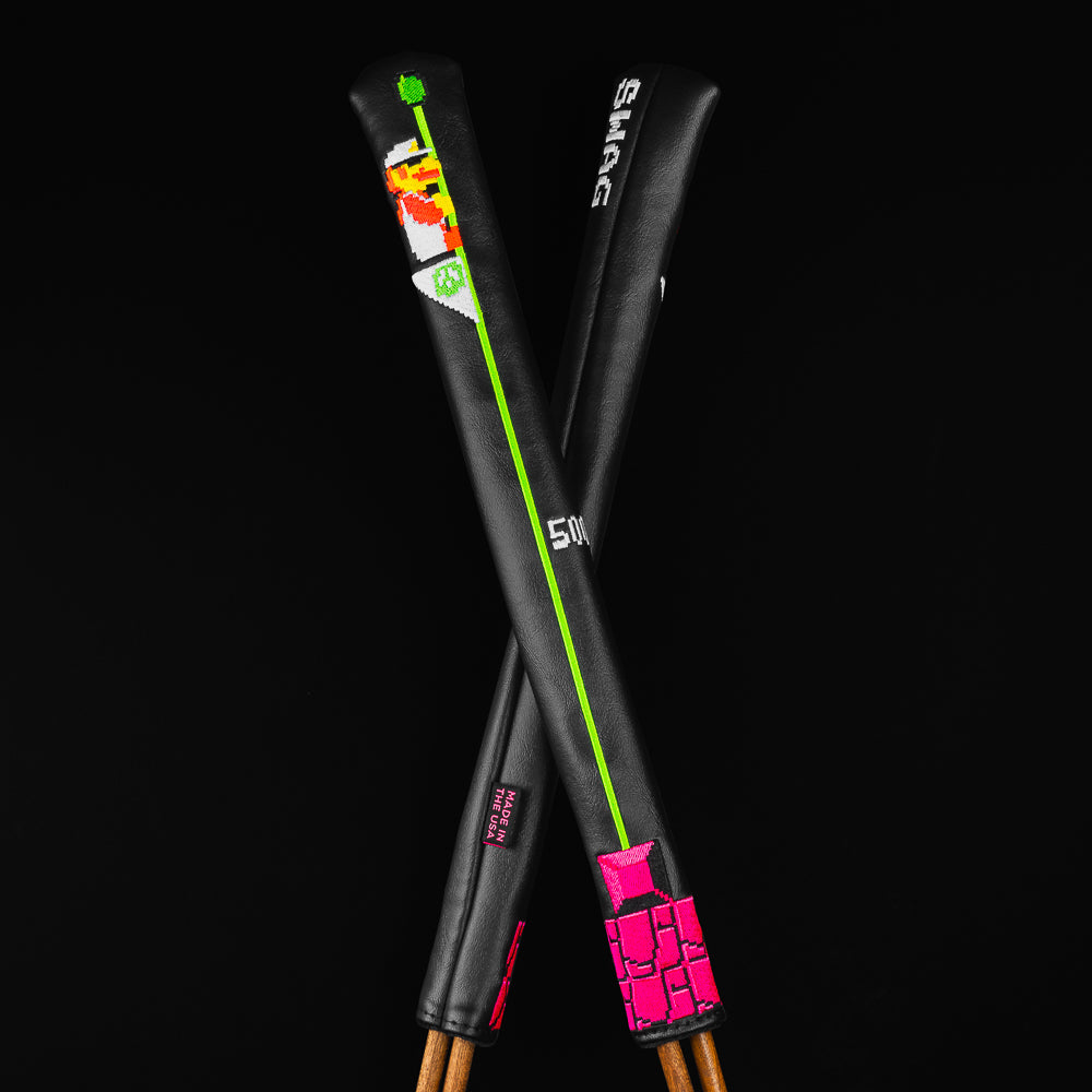 Super Swag Bro's goal pole black, green, and pink video game themed golf alignment sticks cover.