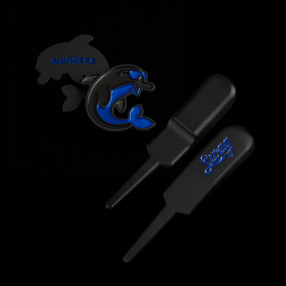 SWAG Golf stainless steel black and blue dolphin golf ball marker and divot tool 2-piece set.