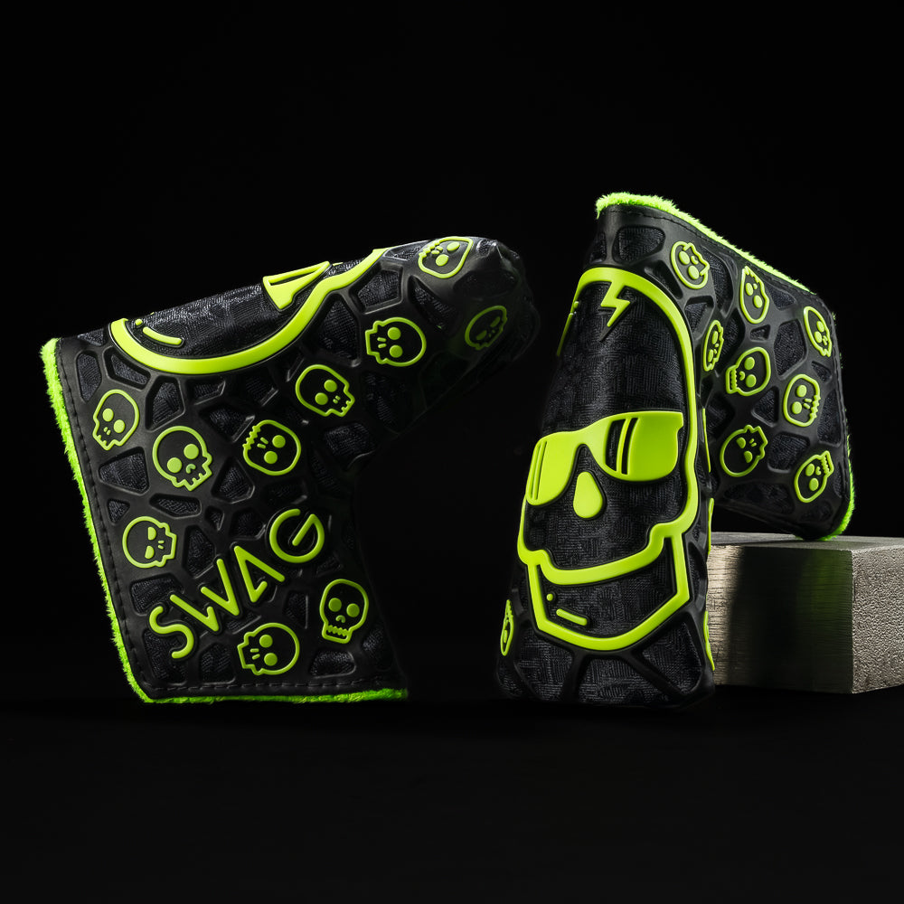 Black and neon green SWAG skull blade golf headcover made with TPU material.