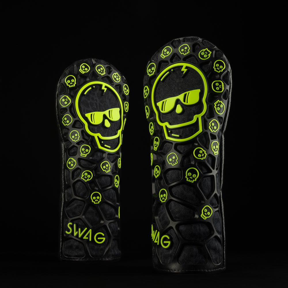 Black and neon green SWAG skull fairway wood golf headcover made with TPU material.