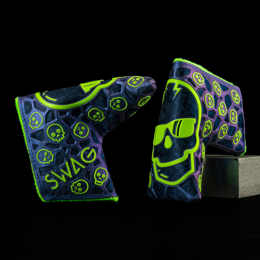 Dazzle blue and neon green SWAG skull blade golf headcover made with TPU material.