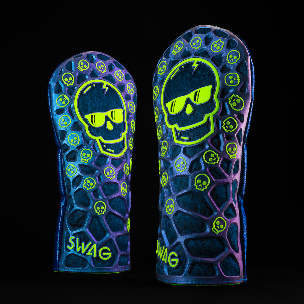 Dazzle blue and neon green SWAG skull driver golf headcover made with TPU material.