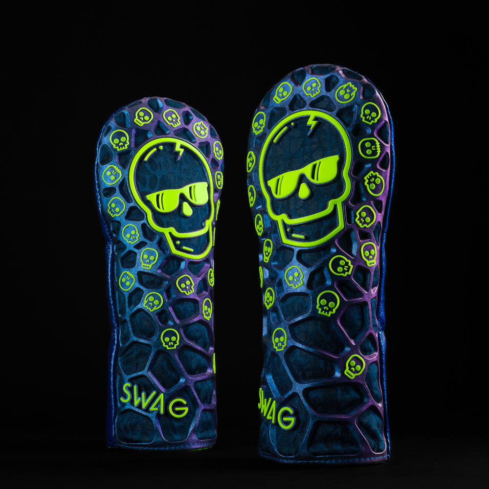 Dazzle blue and neon green SWAG skull fairway wood golf headcover made with TPU material.