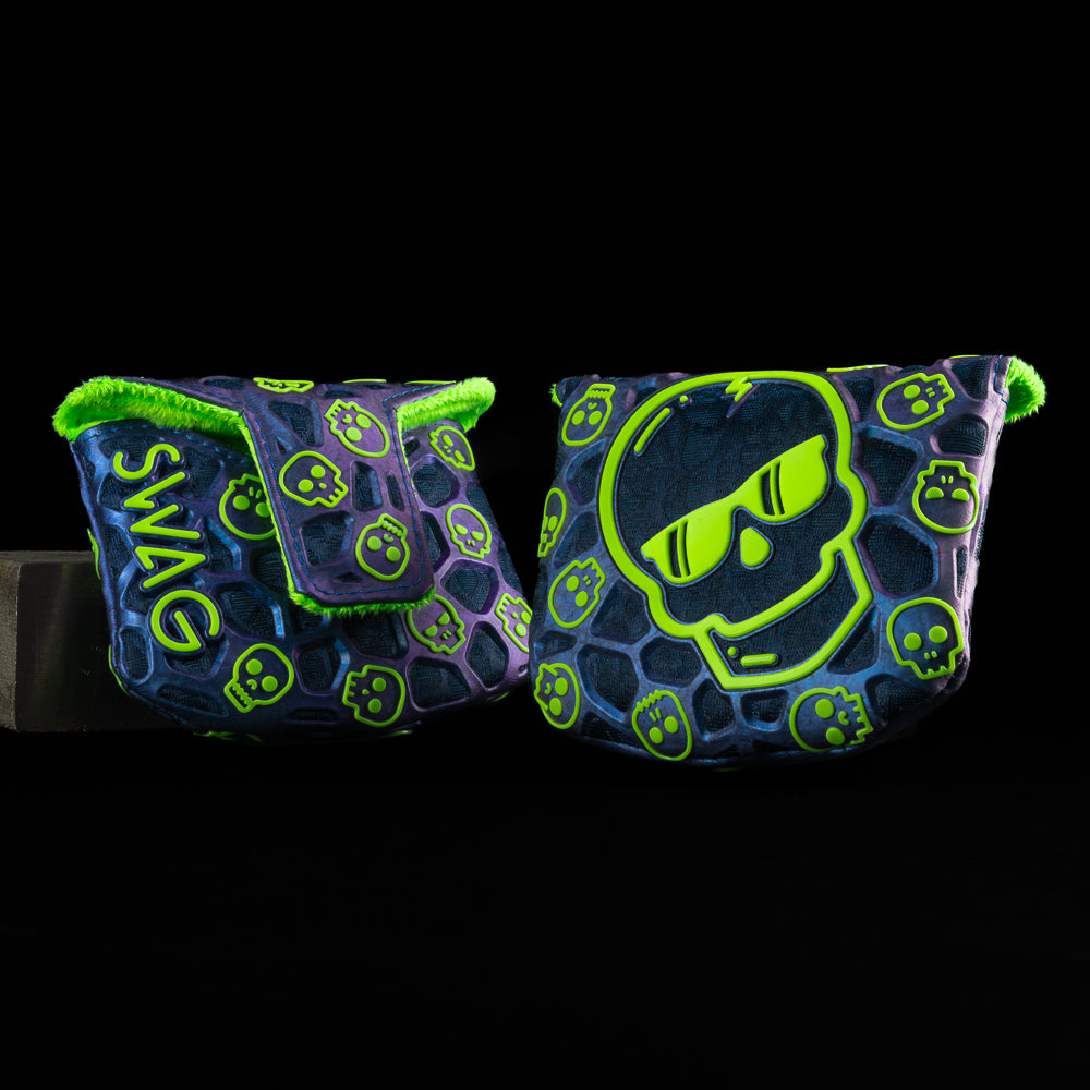 Dazzle blue and neon green SWAG skull mallet golf headcover made with TPU material.