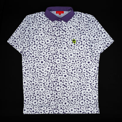 SWAG X Redvanly men's short sleeve performance purple and white floral print golf polo shirt.