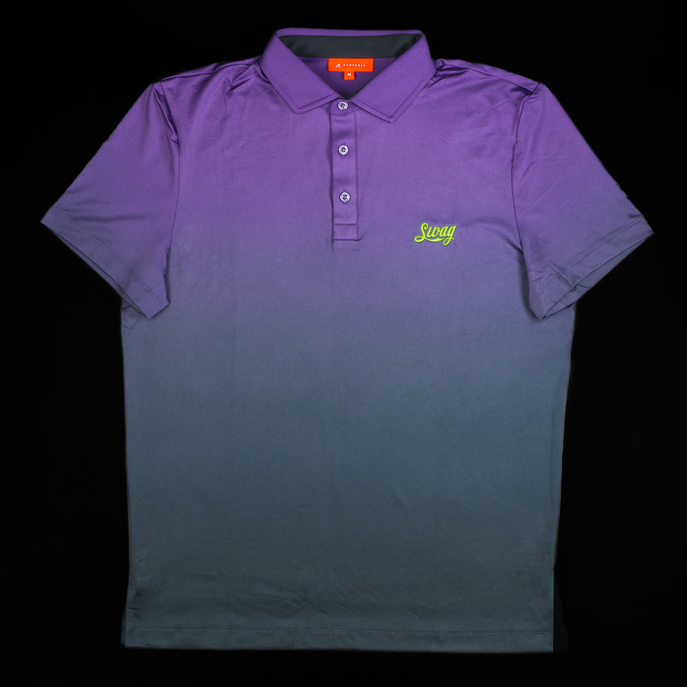 SWAG x REDVANLY purple ombre men's short sleeve performance golf polo shirt.