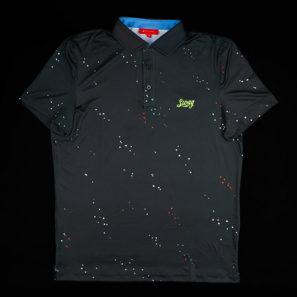 SWAG x Redvanly men's black short sleeve performance golf polo shirt.