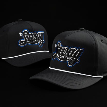 SWAG x Imperial black performance snapback golf hat with blue SWAG cola script logo.