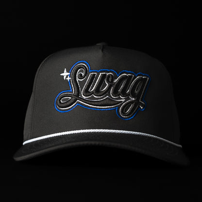 SWAG x Imperial black performance snapback golf hat with blue SWAG cola script logo.