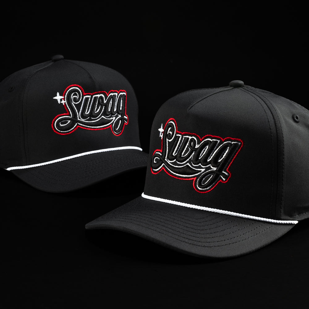 SWAG x Imperial black performance rope snapback golf hat with red SWAG Cola Script logo.