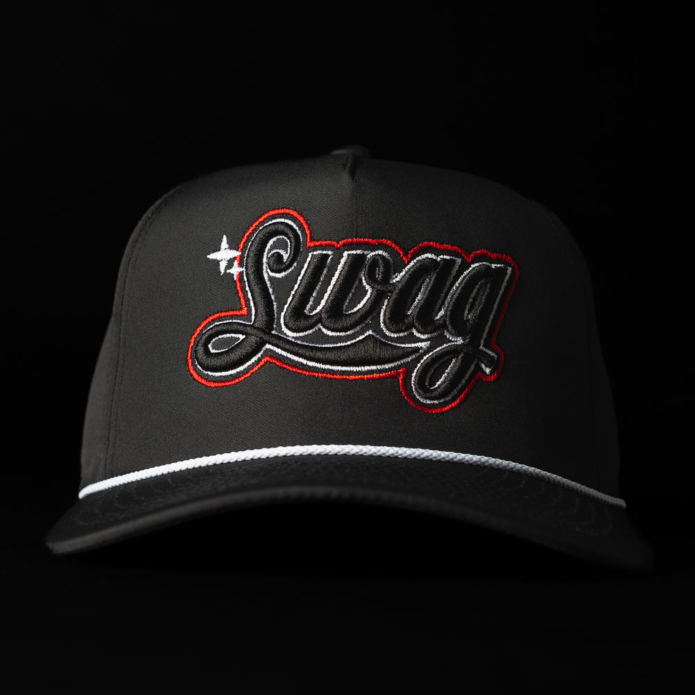 SWAG x Imperial black performance rope snapback golf hat with red SWAG Cola Script logo.