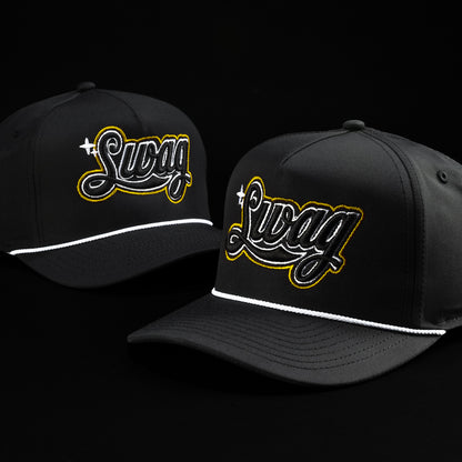 SWAG x Imperial black performance rope snapback golf hat with yellow SWAG Cola Script logo.