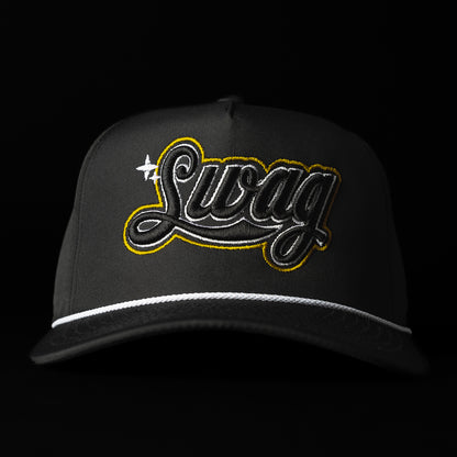 SWAG x Imperial black performance rope snapback golf hat with yellow SWAG Cola Script logo.