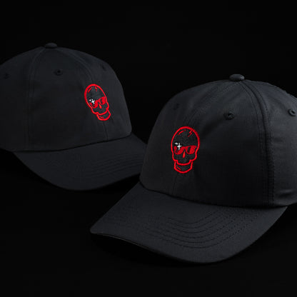 SWAG x Imperial black performance golf hat with red sparkle skull logo.