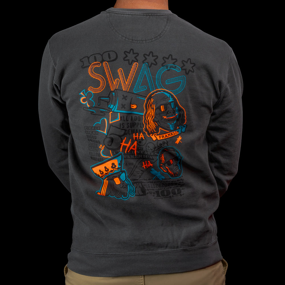 Back view of a black SWAG Golf sweatshirt featuring a large multicolor “Greatest Hits” graphic with icons and lettering.