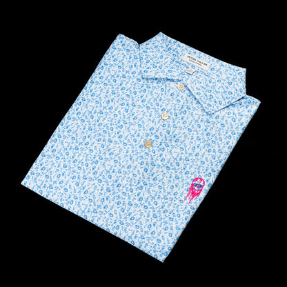 Blue Oyster Pattern Peter Millar Polo with a neon pink dripping skull.