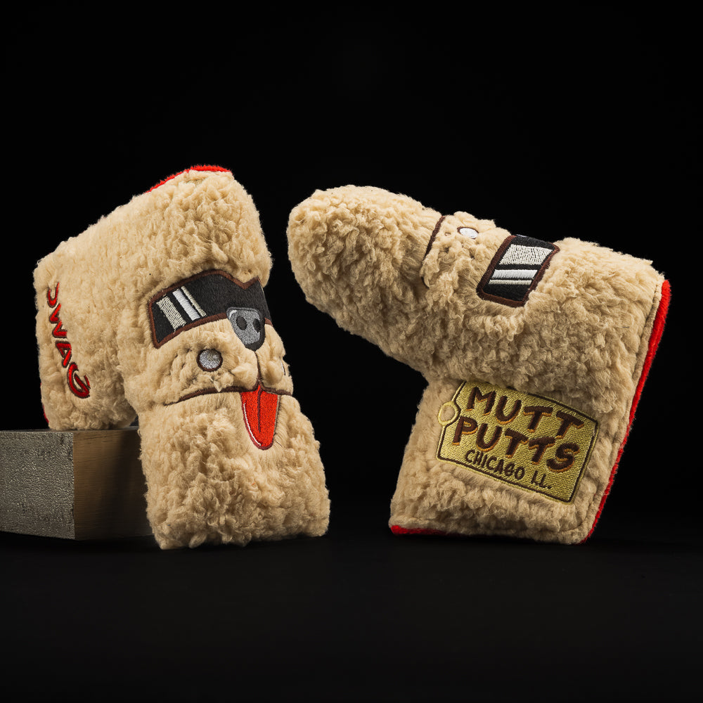 Mutts Putts brown sherpa with a dog face design in sunglasses blade golf club head cover. 