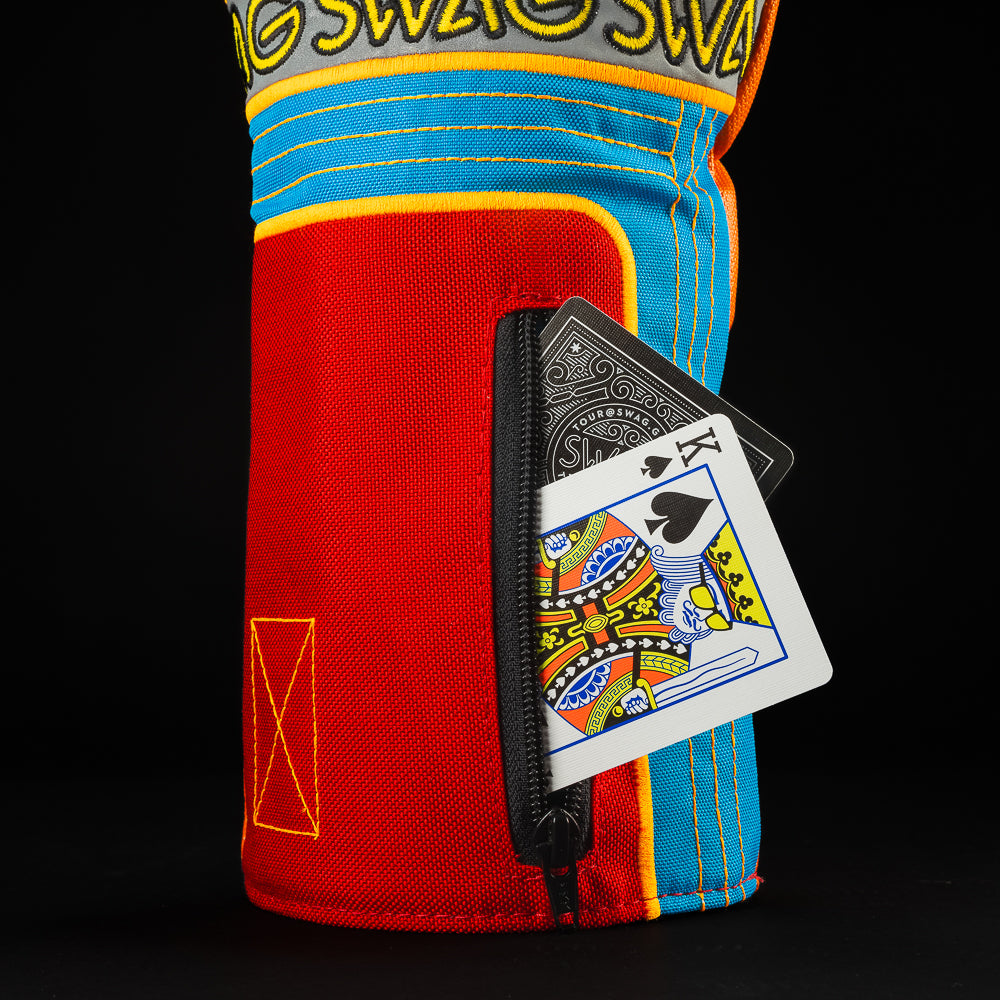 Swagaboo orange, blue, yellow and red driver golf headcover with zipper pocket. 