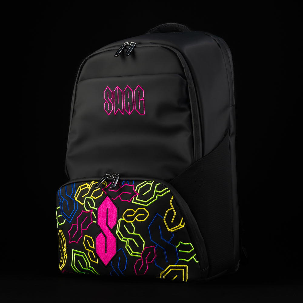 Black backpack with Cool S SWAG Golf neon symbols on it side view. 