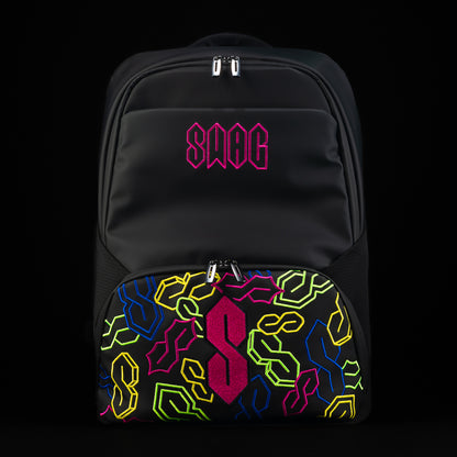 Front view backpack with Cool S SWAG Golf neon symbols on it. 